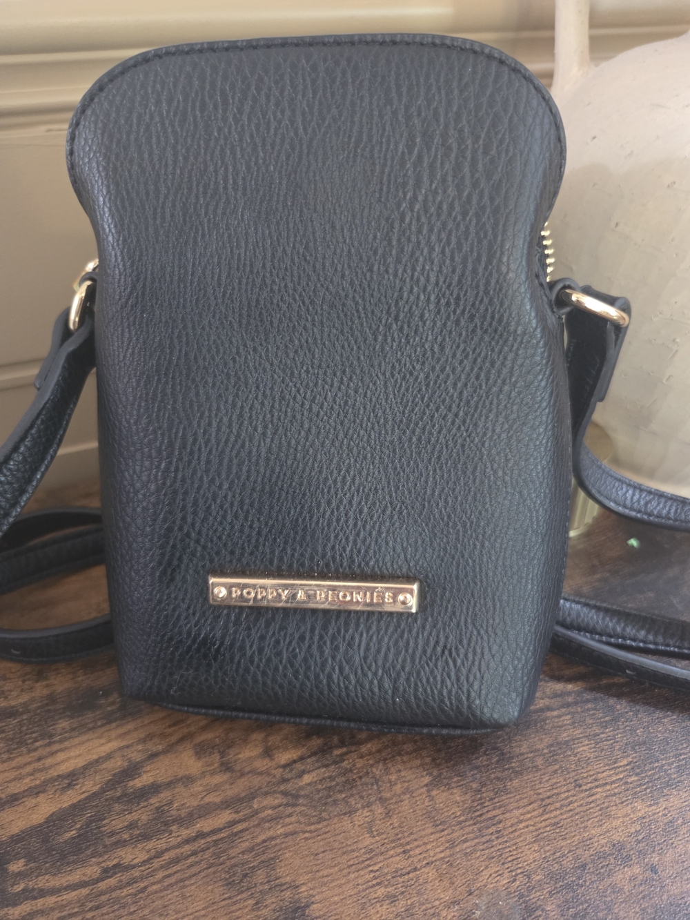 Poppy & Peonies Black Pebbled Leather Crossbody Phone Pouch